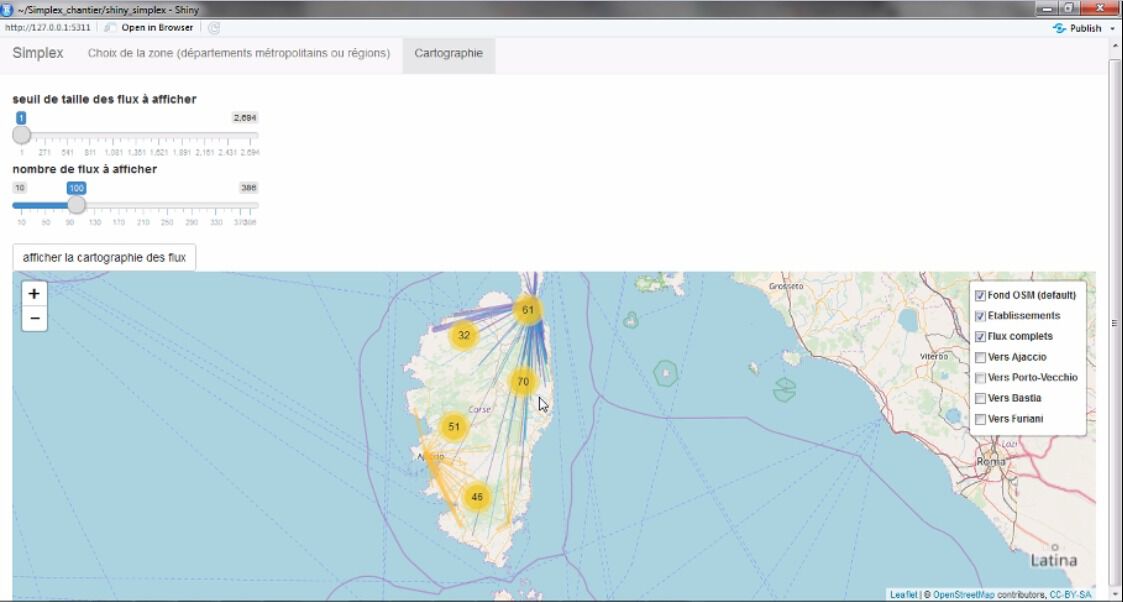 Une capture d’écran qui montre dans la moitié inférieure une carte de la Corse sur laquelle on aperçoit des points jaunes et des traits de couleurs qui rayonnent à partir de ces points. Sur la droite de la carte apparaît un menu qui comporte notamment le texte “vers Ajaccion”, “vers Bastia”.