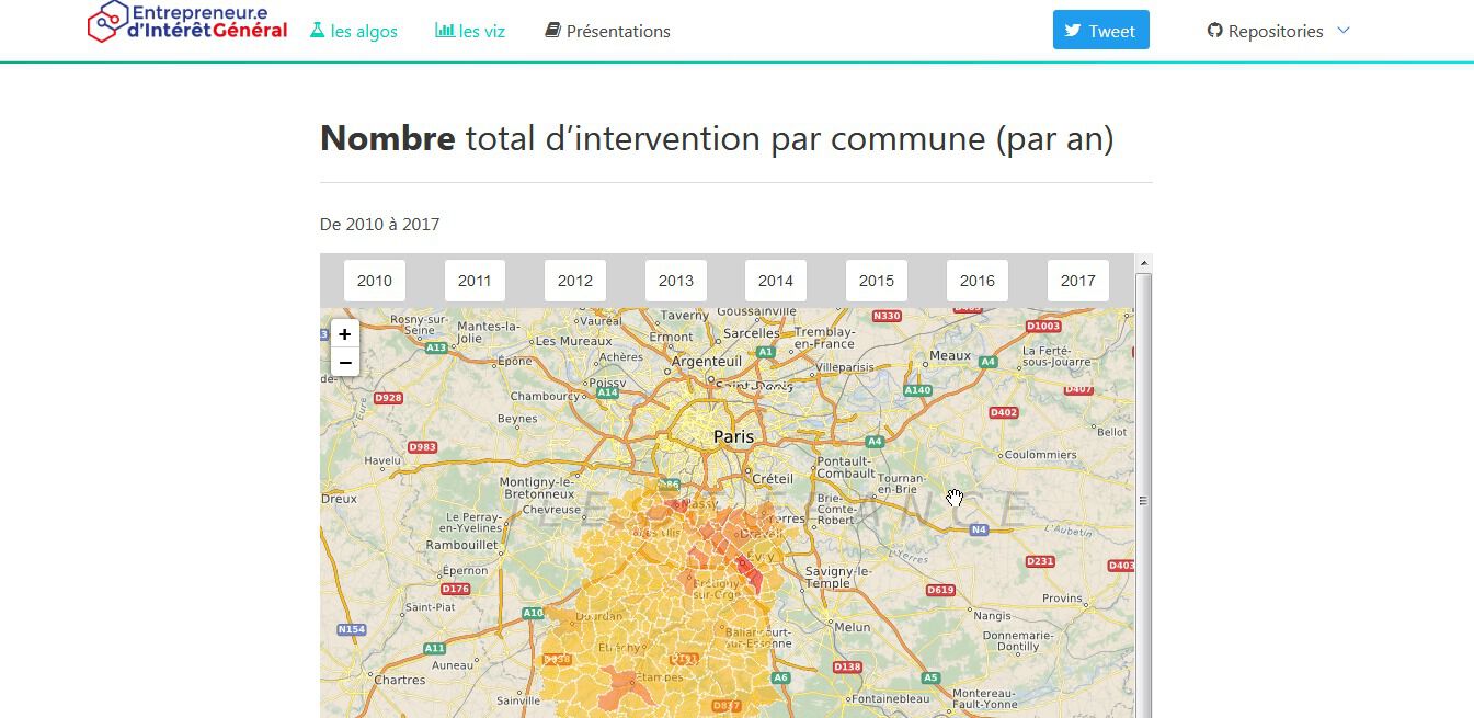 Une capture d’écran qui montre une carte sur laquelle on voit le “nombre total d’intervention par commune (par an) des pompiers en Essonne