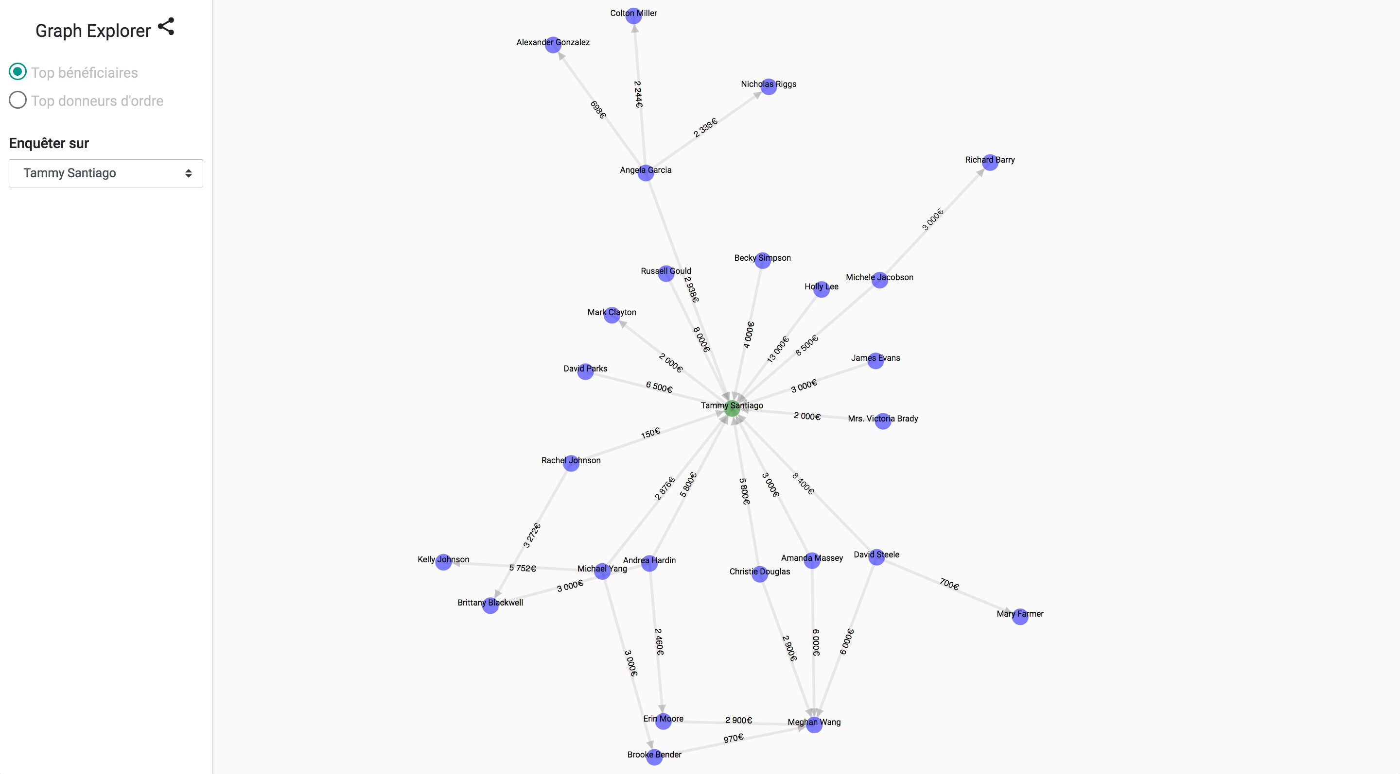 Une capture d’écran qui montre un point central vert duquel partent des traits qui aboutissent à des points bleus. A partir de ces points bleus, d’autres traits mènent à d’autres points bleus. En haut à gauche, un menu très simple indique les “tops bénéficiaires” et les “tops donneurs d’ordre”