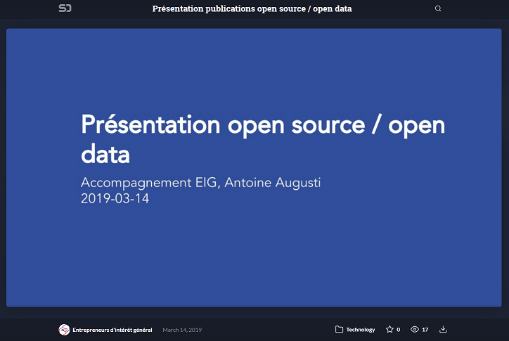 Un grand rectangle bleu sur lequel se détache le titre en blanc : “présentation open source / open data